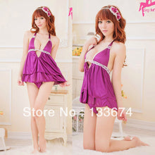 sexy purple halter v neck lingerie sleepwear handsome backless skirt g-string set TIML66