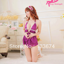 sexy purple halter v neck lingerie sleepwear handsome backless skirt g-string set TIML66