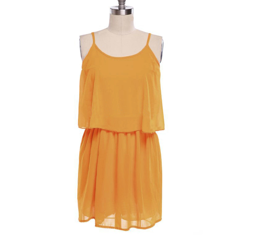 Sexy Women Two Pieces Chiffon Dress Spaghetti Straps Vestidos Tank Top Pleated Mini Dress Roupa Feminina Yellow TIML66 TIML66