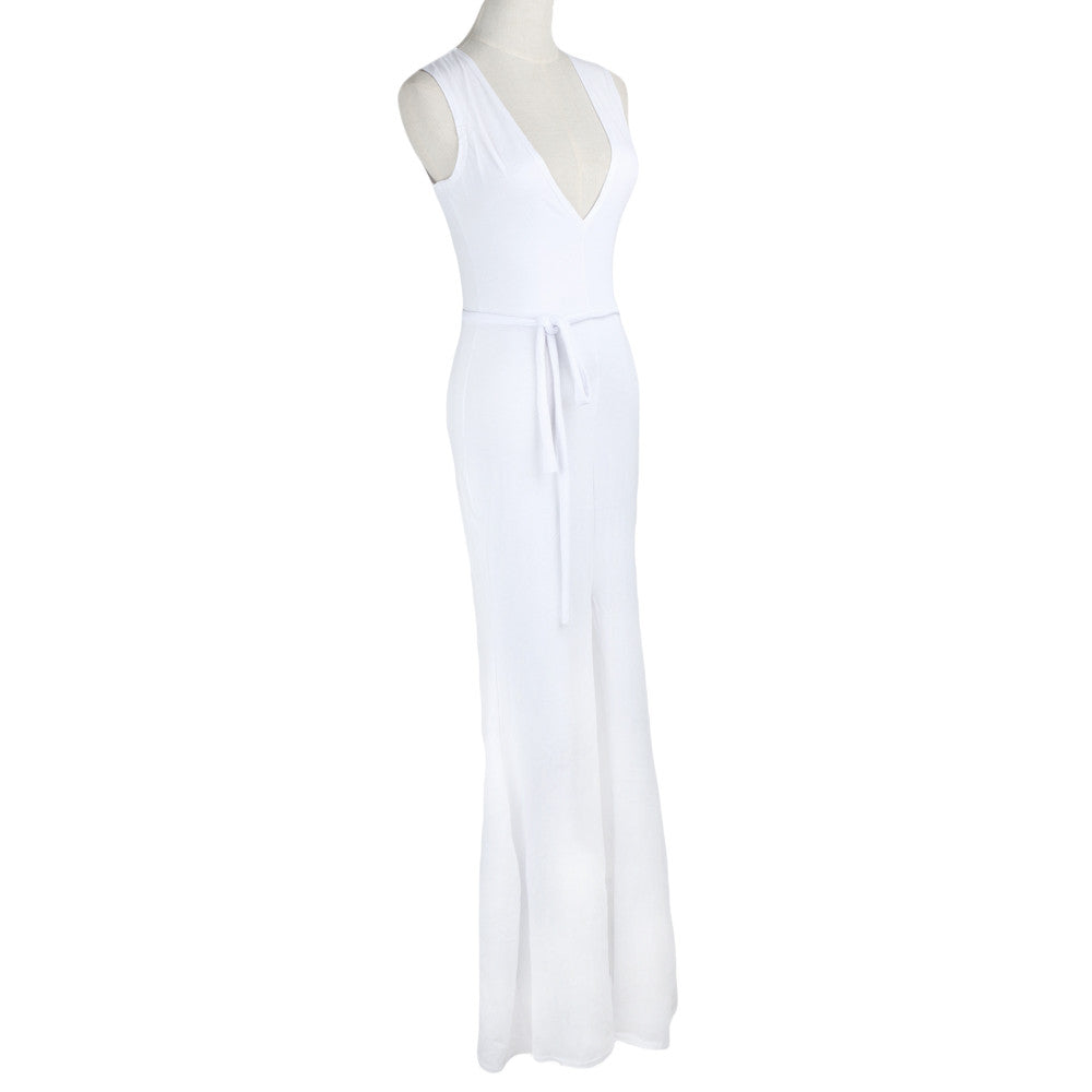 Sexy Women Bandage Dress Deep V Neck Split Hem Sleeveless Solid Color Nightclub Bodycon Dress White TIML66 TIML66