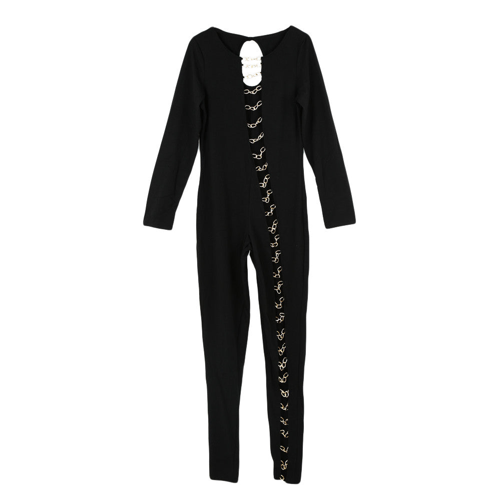 Sexy Women Bandage Jumpsuit Hollow Out Bodycon Jumpsuit Round Neck Long Sleeve Club Rompers Plus Size TIML66 TIML66