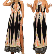 sexy women boho maxi dress stripe print rope halter neck high split sleeveless evening party dress women long dress vestidos TIML66