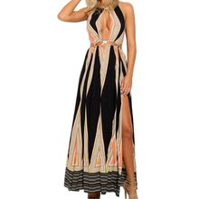 sexy women boho maxi dress stripe print rope halter neck high split sleeveless evening party dress women long dress vestidos TIML66