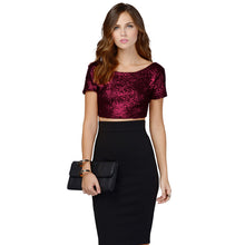 sexy women crop top sequined open back round neck women tops short sleeve solid bodycon fit sexy tee blusa TIML66