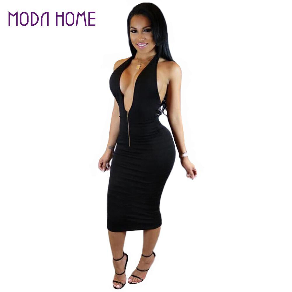 Sexy Women Deep V-neck Wrap Bodycon Dress Front Zipper Backless Clubwear Ukraine Club Party Midi Dress Black Vestidos De Renda TIML66 TIML66