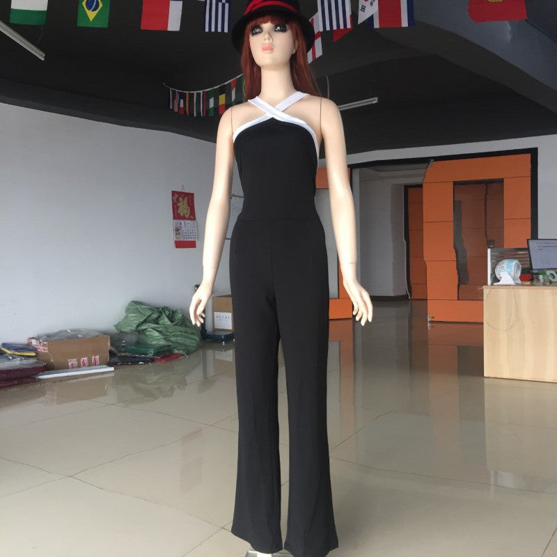 Sexy Women Halter Bodycon Elegant Playsuit Sleeveless Patchwork Black Jumpsuit Romper Trousers Clubwear TIML66