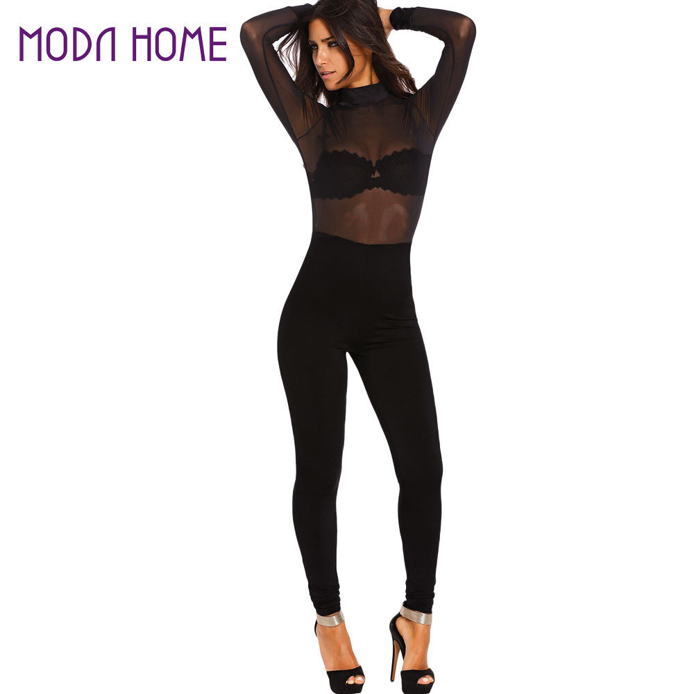 sexy women jumpsuit solidcolor mesh hollow out backless rompers turtle neck long sleeve night club party bodysuit playsuit TIML66