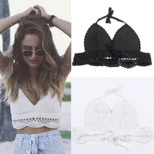 sexy women lace crochet crop top knitted bra halter boho beachwear bikini camisole camis bralette regata feminina black white TIML66