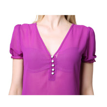 sheerchiffon shirt women blouse deep v neck button front women tops short lantern sleeve blusas purple TIML66