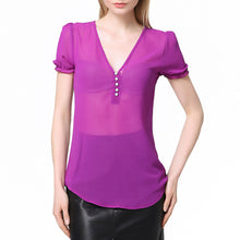 sheerchiffon shirt women blouse deep v neck button front women tops short lantern sleeve blusas purple TIML66