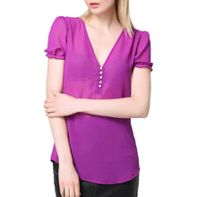sheerchiffon shirt women blouse deep v neck button front women tops short lantern sleeve blusas purple TIML66