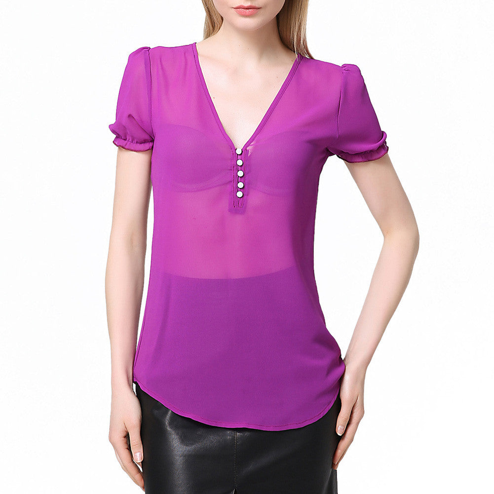sheerchiffon shirt women blouse deep v neck button front women tops short lantern sleeve blusas purple TIML66
