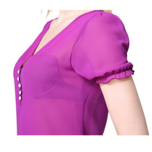 sheerchiffon shirt women blouse deep v neck button front women tops short lantern sleeve blusas purple TIML66