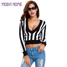 women sweaters pullovers deep v neck crop tops striped long sleeve knitted sweater outwear roupas femininas TIML66