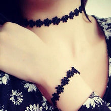 statement choker necklace bracelet black daisy flower lace jewelry set with extended chain women accessories TIML66