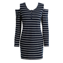 Striped Dress Sexy Women Dress Cut Out Cold Shoulder O-Neck Long Sleeve Ladies Vintage Dress Vestido De Festa TIML66 TIML66