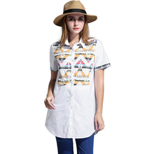 blusa feminina long women blouse plus size geometric pattern women shirt buttons short sleeve asymmetrical hem casual top TIML66