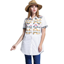 blusa feminina long women blouse plus size geometric pattern women shirt buttons short sleeve asymmetrical hem casual top TIML66