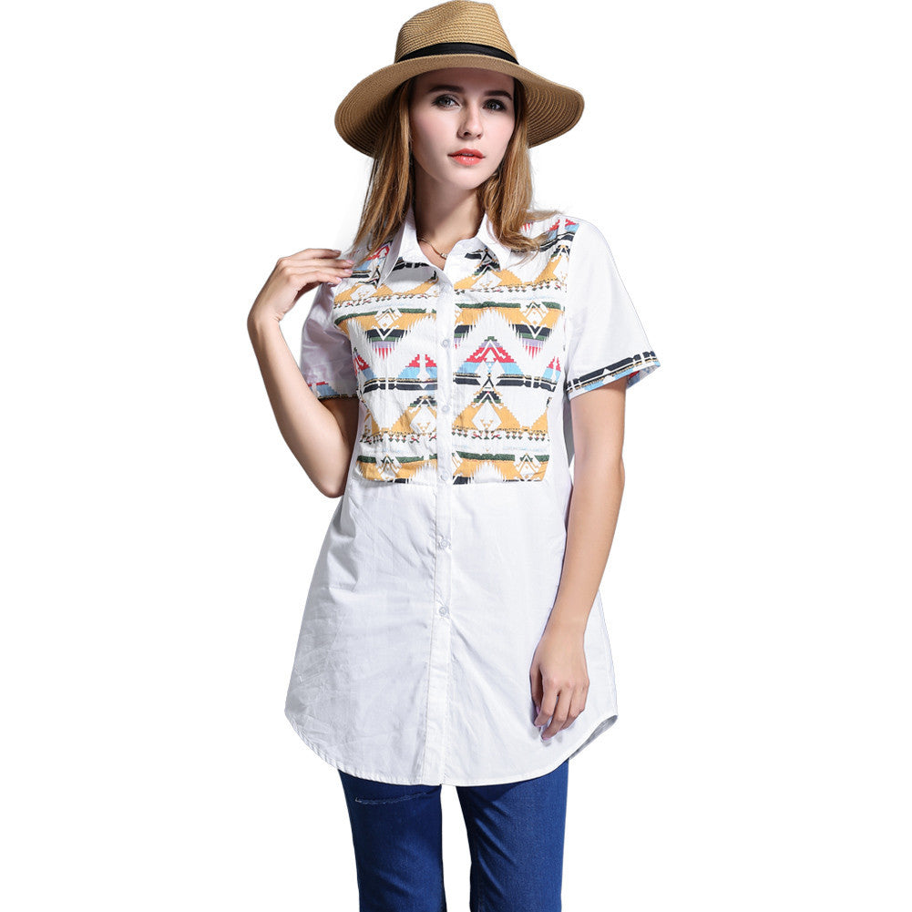 blusa feminina long women blouse plus size geometric pattern women shirt buttons short sleeve asymmetrical hem casual top TIML66