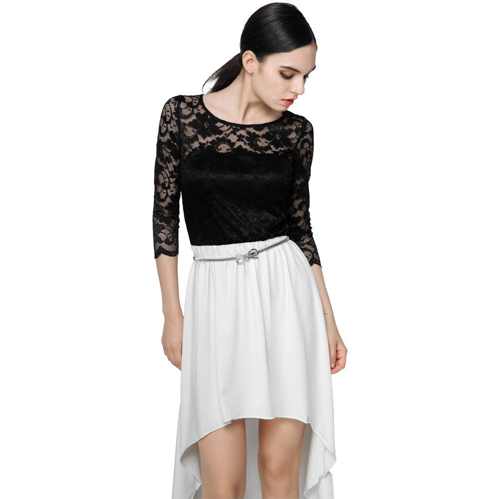 dress 3/4 sleeve lace women mid calf dress asymmetric hem hollow out vintage party dresses vestidos TIML66