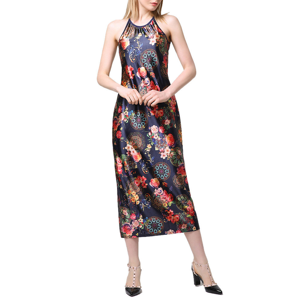 Dress Women Floral Print Halter O Neck Boho Dress Sleeveless Elegant Vintage Spaghetti Strap Slip Beach Dress Black TIML66 TIML66