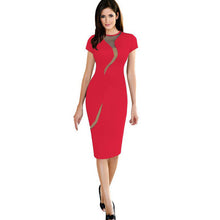 Elegant Women Dress Mesh Round Neck Short Sleeve Back Zipper Solid Color Bodycon Dress Office Dress Vestidos BlackRed TIML66 TIML66