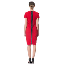 Elegant Women Dress Mesh Round Neck Short Sleeve Back Zipper Solid Color Bodycon Dress Office Dress Vestidos BlackRed TIML66 TIML66