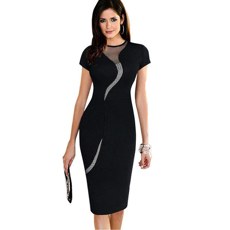 Elegant Women Dress Mesh Round Neck Short Sleeve Back Zipper Solid Color Bodycon Dress Office Dress Vestidos BlackRed TIML66 TIML66