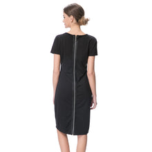 Elegant Women Dress Mesh Round Neck Short Sleeve Back Zipper Solid Color Bodycon Dress Office Dress Vestidos BlackRed TIML66 TIML66