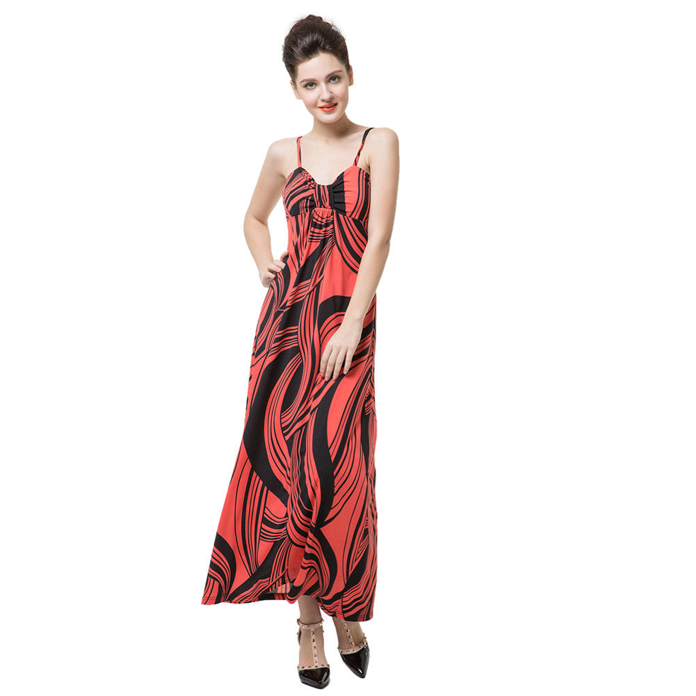 Women Maxi Dress Contrast Stripe Print Color Block Spaghetti Strap Casual Beach Dress Vestidos Orange TIML66 TIML66
