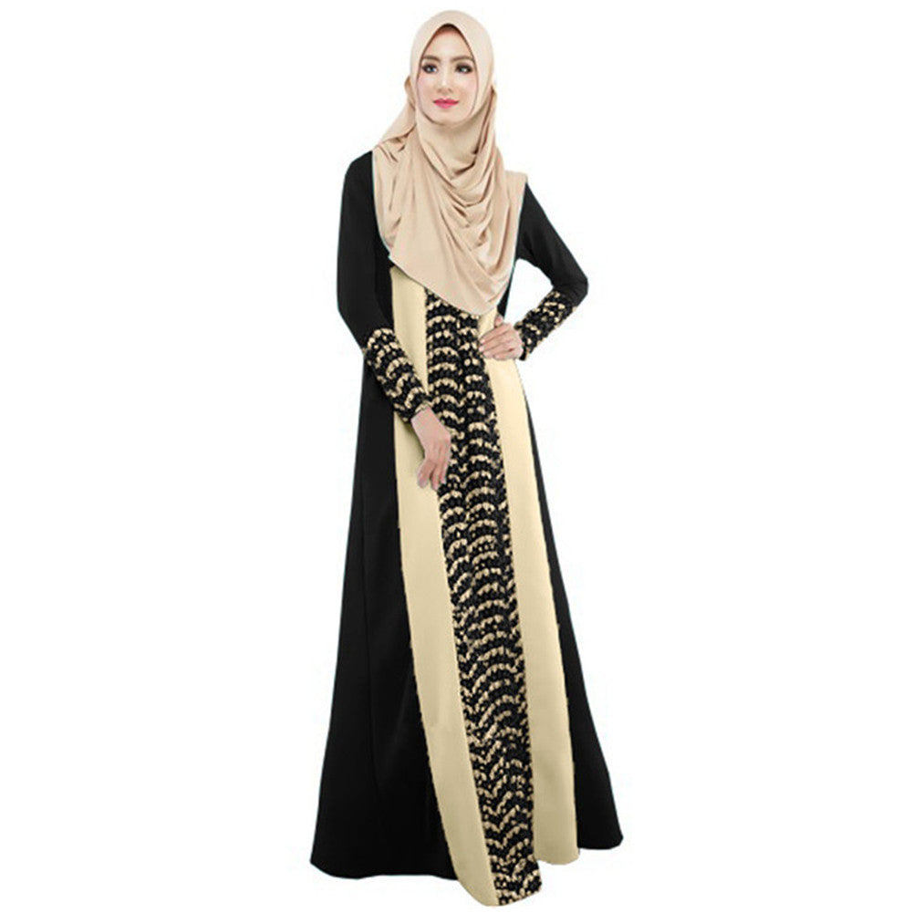 Ukraine Women Muslim Maxi Dress Contrast Color Patchwork Long Sleeve Abaya Kaftan Islamic Indonesia Robe Long Dress  TIML66 TIML66