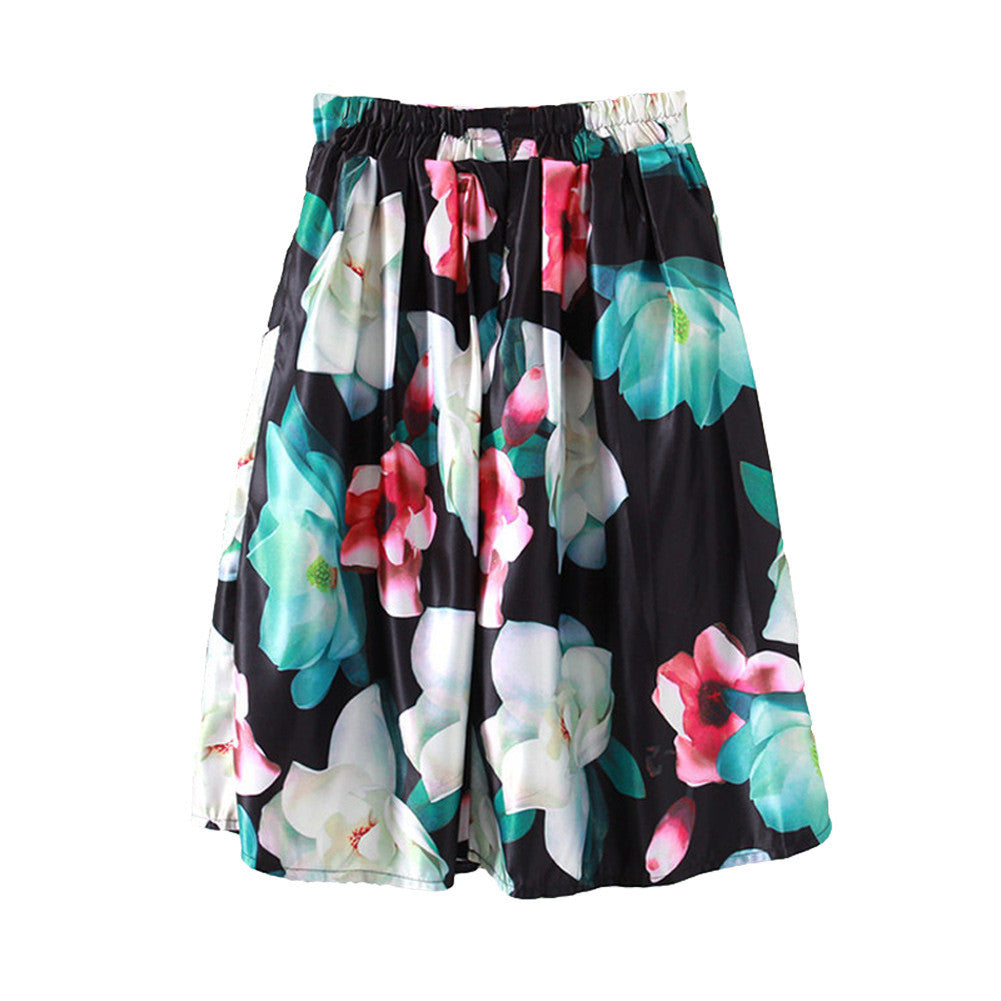 vintage skirts woman retro red blue flower bouquet floral print high waist midi skirts mid calf skirts womens long saia feminina TIML66