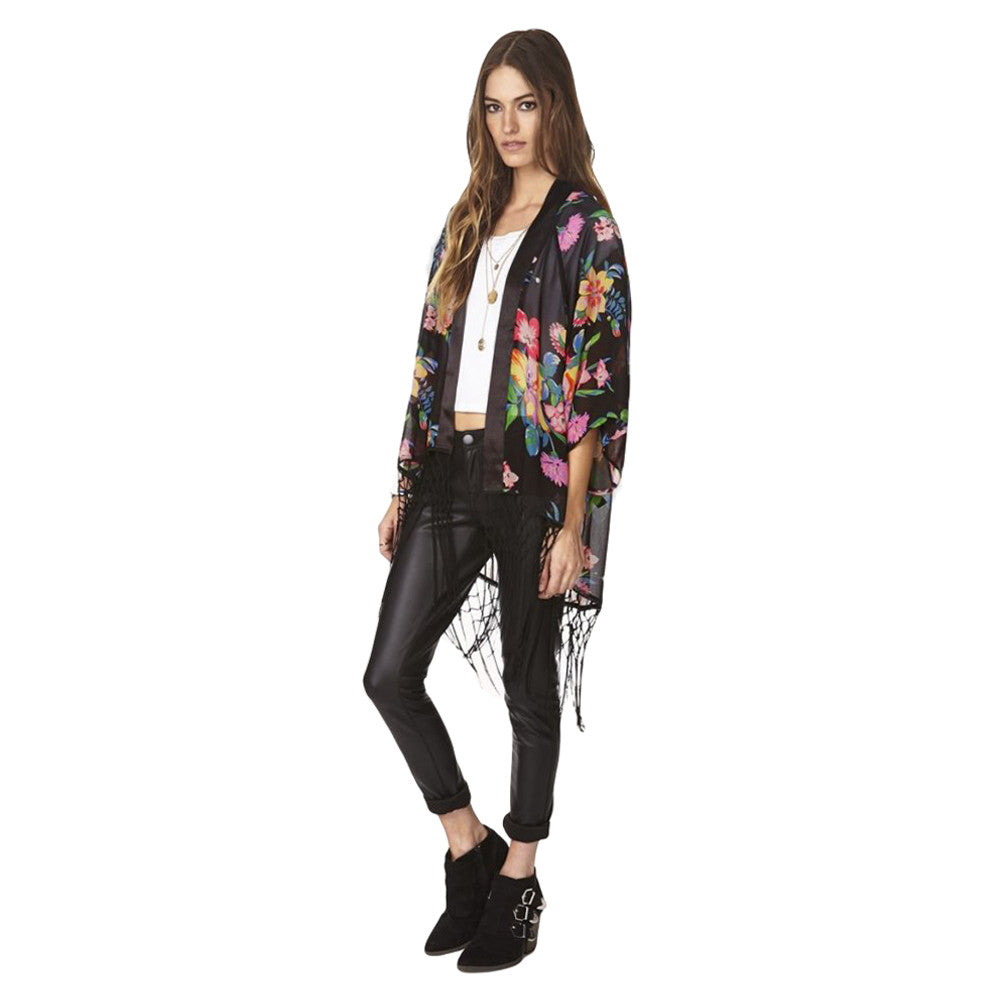 Vintage Women Chiffon Blouses Kimono Floral Print Tassels Fringed Loose Sheer Women Cardigan Thin Outerwear Coat Blusas Black TIML66 TIML66