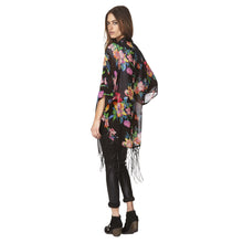 Vintage Women Chiffon Blouses Kimono Floral Print Tassels Fringed Loose Sheer Women Cardigan Thin Outerwear Coat Blusas Black TIML66 TIML66