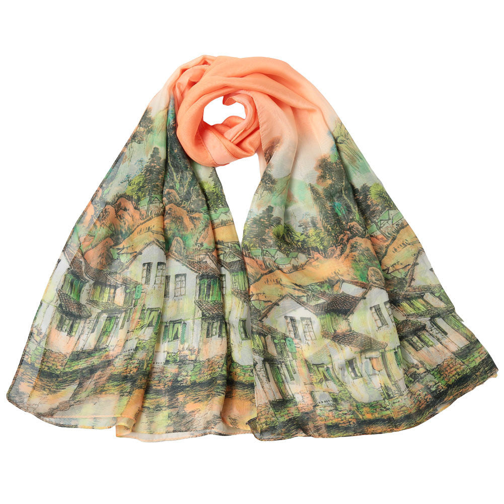 wearable chiffon scarf women thin pashmina vintage village print shawls and scarves double layers beads cover up foulard femme TIML66