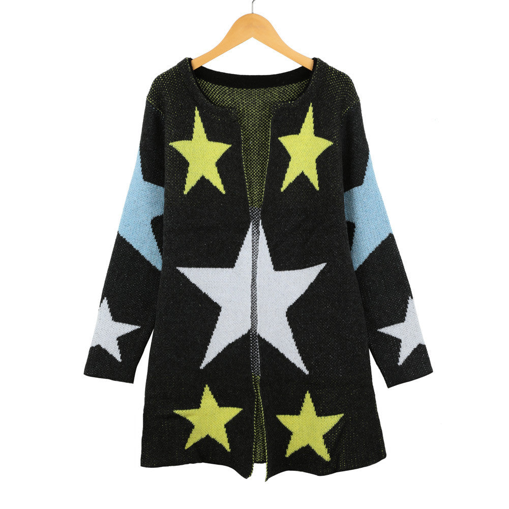 Coat Women Knitted Sweater Star Pattern Round Neck Long Sleeve Women Tops Long Causal Cardigan Knitwear Blusas TIML66 TIML66