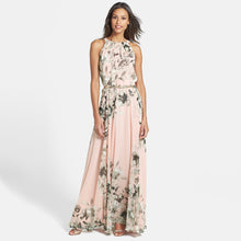 With Belt Sexy Women Chiffon Dress Floral Print Crew Neck Sleeveless Beach Boho Long Maxi Dress Sundress Dress Pink TIML66 TIML66