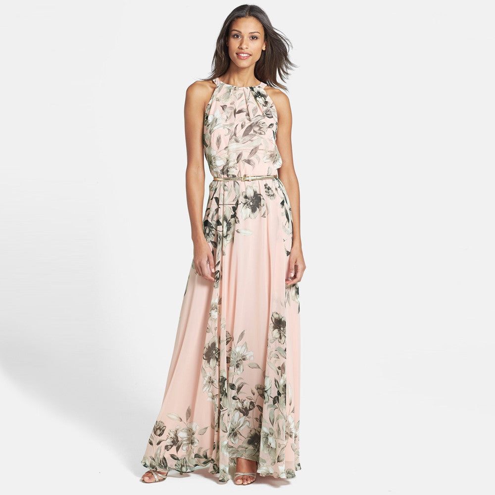 With Belt Sexy Women Chiffon Dress Floral Print Crew Neck Sleeveless Beach Boho Long Maxi Dress Sundress Dress Pink TIML66 TIML66
