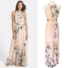 With Belt Sexy Women Chiffon Dress Floral Print Crew Neck Sleeveless Beach Boho Long Maxi Dress Sundress Dress Pink TIML66 TIML66