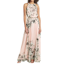 With Belt Sexy Women Chiffon Dress Floral Print Crew Neck Sleeveless Beach Boho Long Maxi Dress Sundress Dress Pink TIML66 TIML66