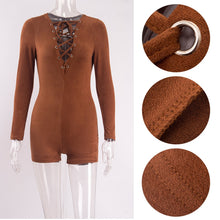 Women Sexy Elegant Suede Fabric Jumpsuit Plunge V Neck Bandage Bodysuit Casual Long Sleeve Evening Jumpsuit TIML66