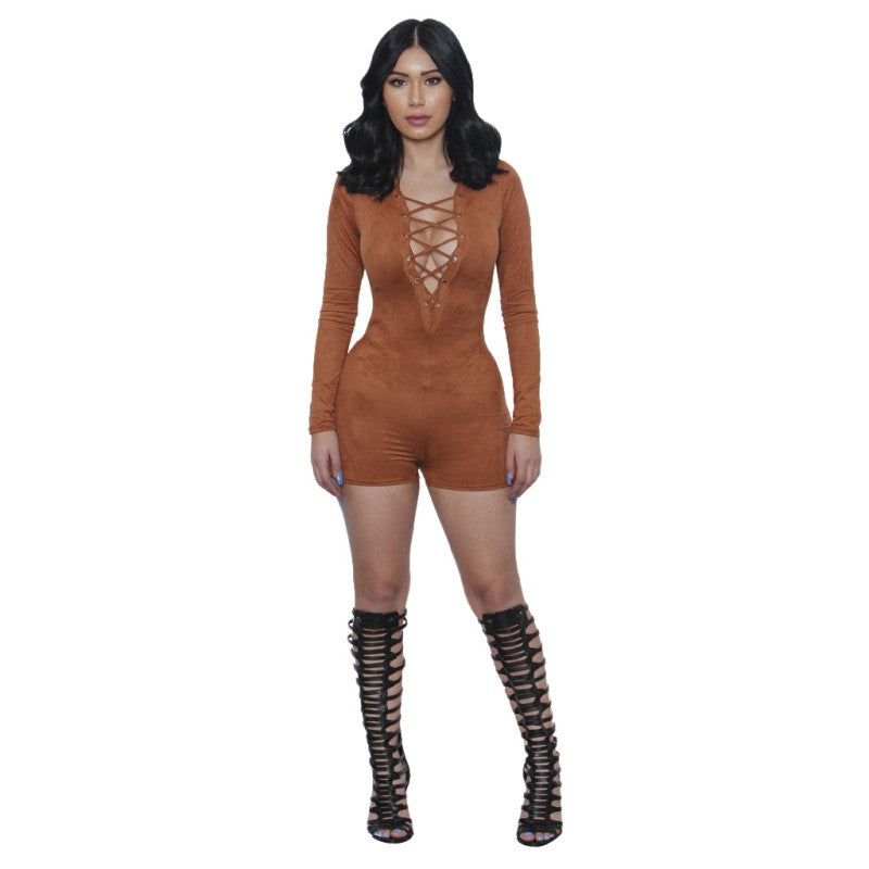 Women Sexy Elegant Suede Fabric Jumpsuit Plunge V Neck Bandage Bodysuit Casual Long Sleeve Evening Jumpsuit TIML66