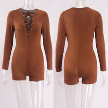 Women Sexy Elegant Suede Fabric Jumpsuit Plunge V Neck Bandage Bodysuit Casual Long Sleeve Evening Jumpsuit TIML66