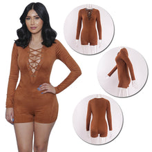 Women Sexy Elegant Suede Fabric Jumpsuit Plunge V Neck Bandage Bodysuit Casual Long Sleeve Evening Jumpsuit TIML66