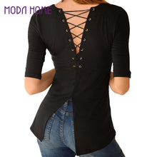 Women Black T-Shirt Lace Up Tunic Top Half Sleeves T shirt Feminina Split Hem Slim Casual Tee Womens Tops  TIML66 TIML66