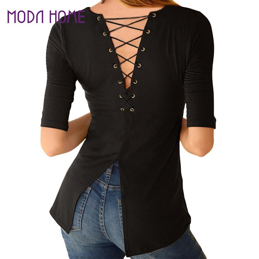 Women Black T-Shirt Lace Up Tunic Top Half Sleeves T shirt Feminina Split Hem Slim Casual Tee Womens Tops  TIML66 TIML66