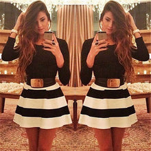 women dress long sleeve stripe mini dress o neck sexy slim dress without belt black vestido de festa TIML66