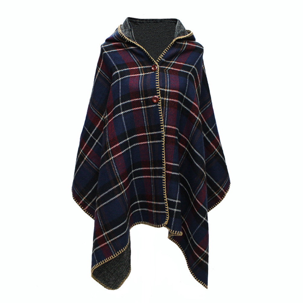 women hooded ponchos capes long shawl plaid print button elegant oversize loose pashmina aztec outwearcasacos femininos tippet TIML66