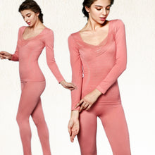Women Lace V Neck Thermal Underwear Set Top and Pants Long Johns Sets Pajamas Sleepwear TIML66