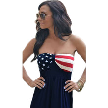 Women Maxi Strapless Dress American Flag Print Sweetheart Neckline Elastic Waist Beach Dress Blue TIML66 TIML66